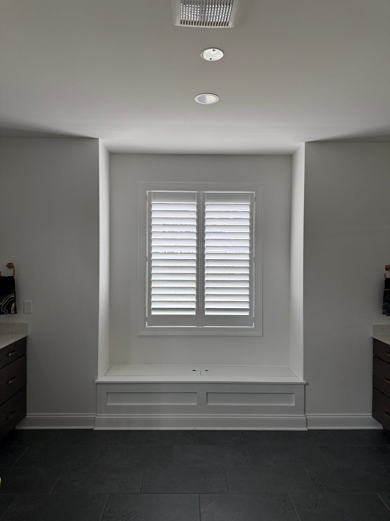 Bathroom plantation shutters recessed window seat